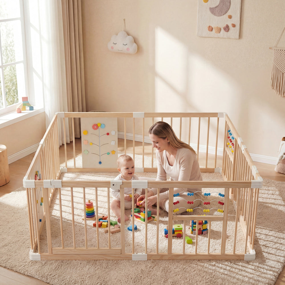 Wooden baby playpen with adjustable size, solid pine construction, and interactive toys for safe infant playtime.