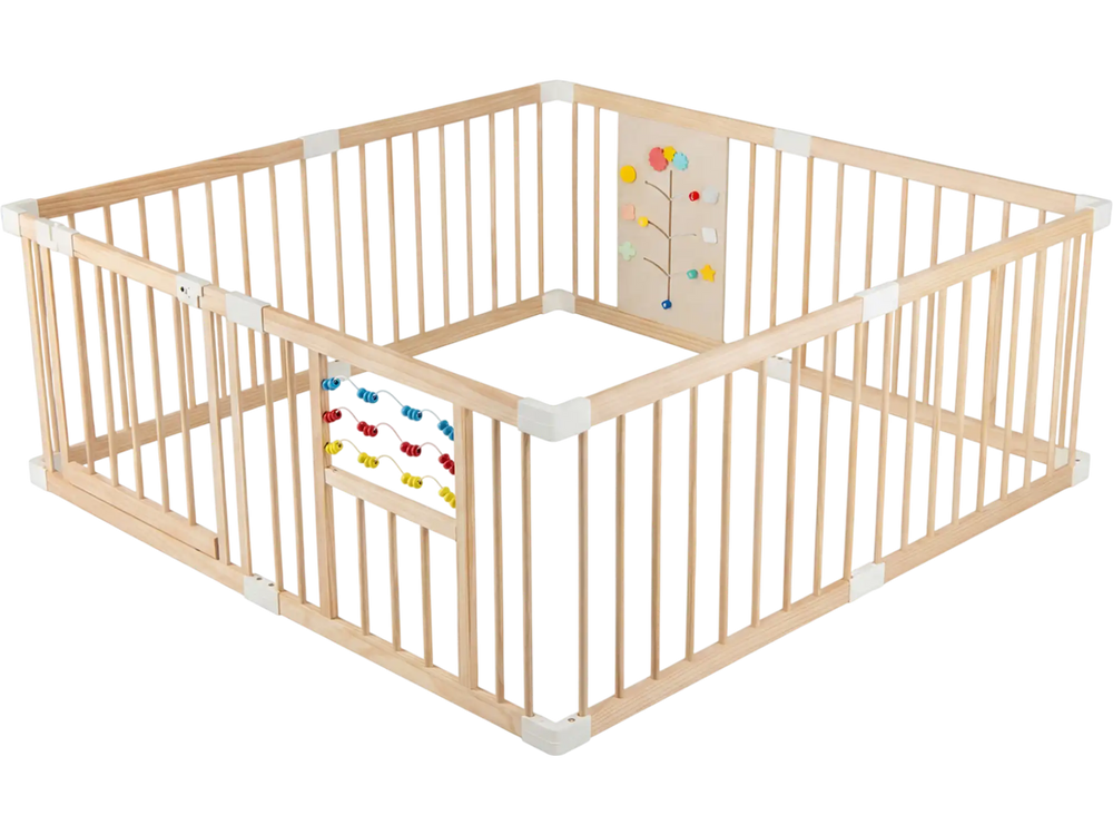 Wooden baby playpen with a childproof lock and smooth PP connectors for enhanced safety and stability during playtime.