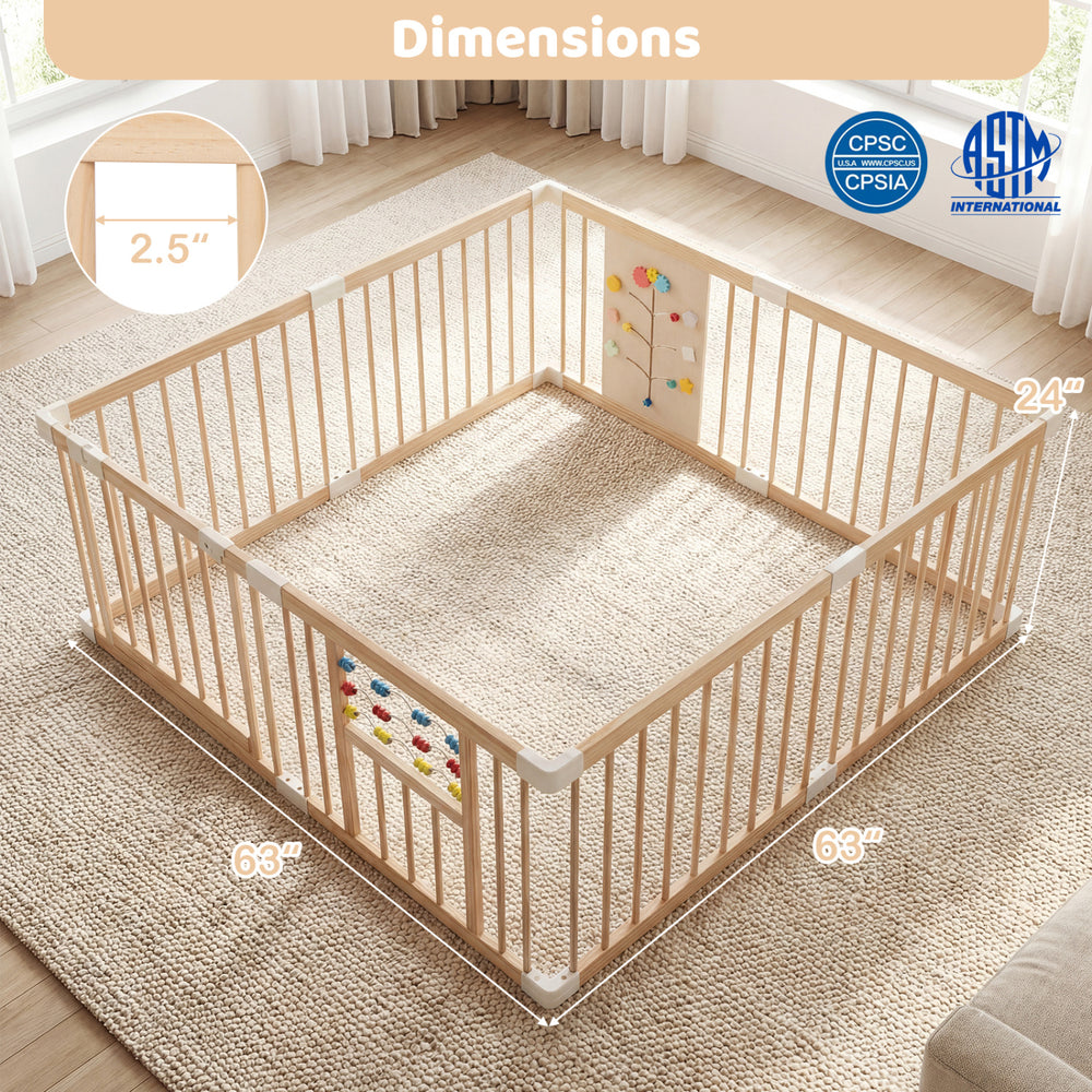 Large adjustable wooden baby playpen in natural finish, featuring interactive toys and dual-opening door for safety.
