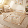 Wooden baby playpen with adjustable size, solid pine wood, and interactive toys for safe infant playtime indoors.