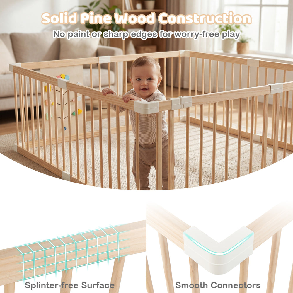 Wooden baby playpen with solid pine construction, smooth edges, and adjustable design for safe playtime.