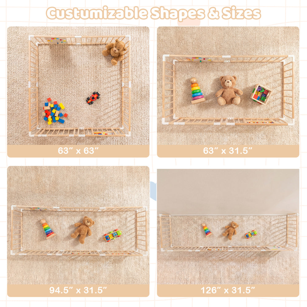 Adjustable wooden baby playpen in various sizes, featuring smooth edges and interactive toys for safe playtime.