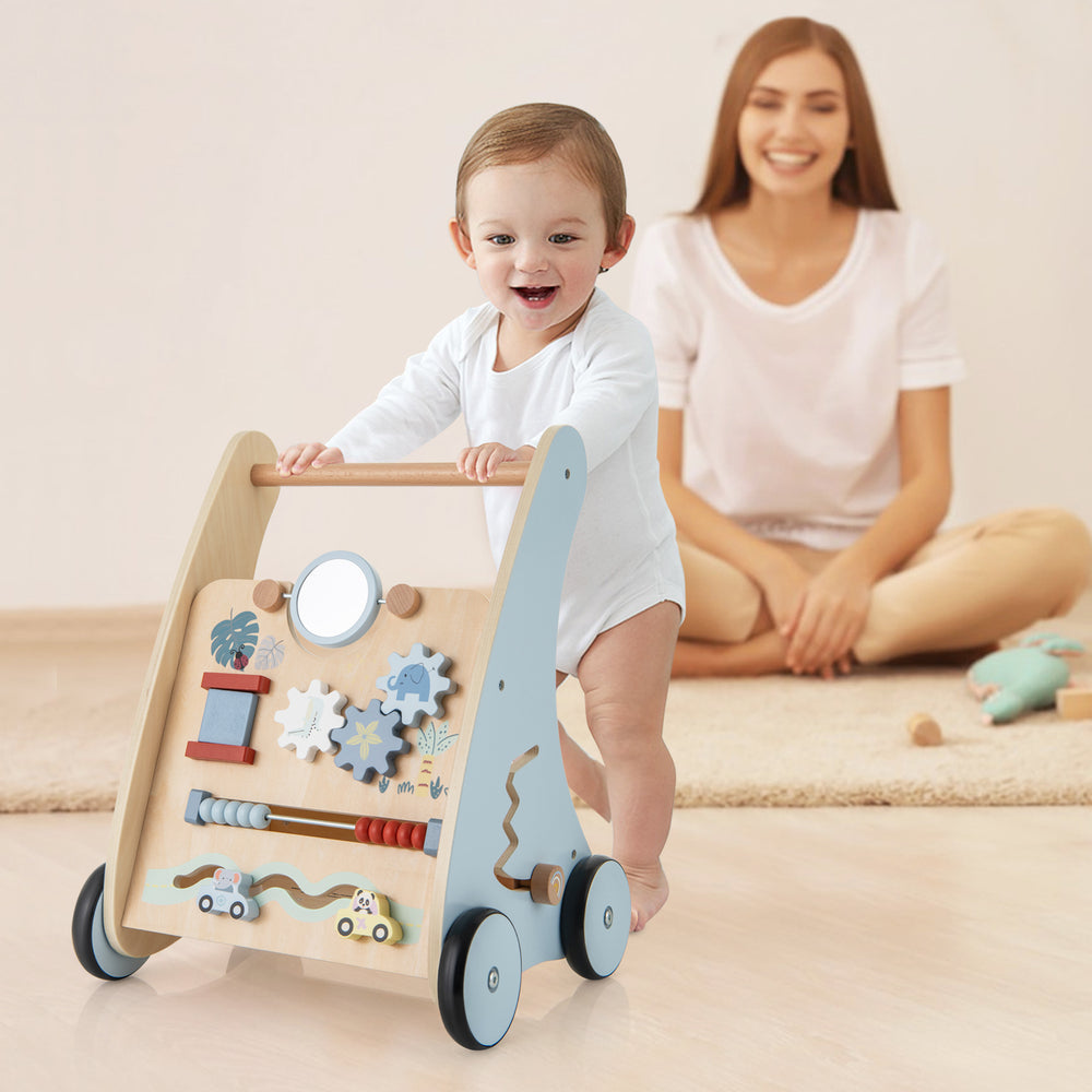 Wooden baby push and pull walker with multi-activity center, featuring rubber wheels and a stable 4-point base for safe.