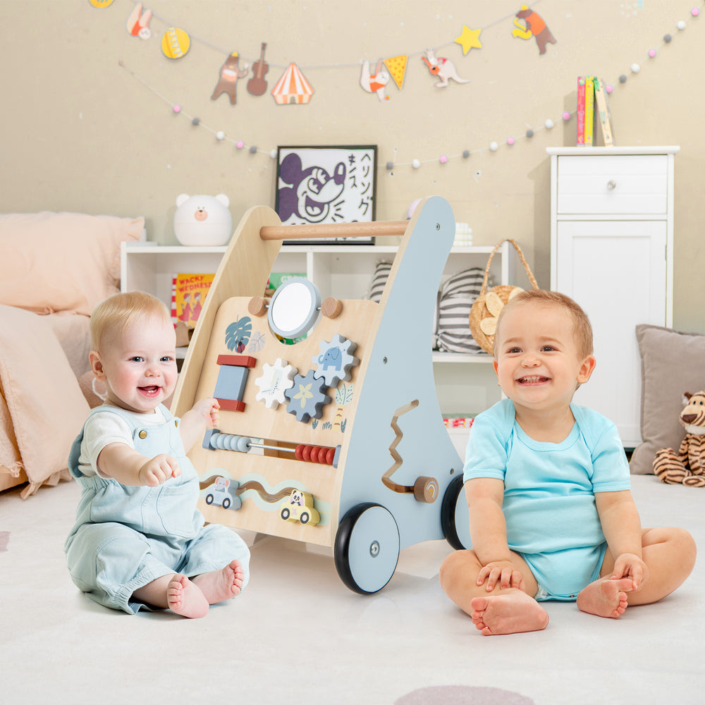 Wooden baby push and pull walker with multi-activity learning center, featuring rubber wheels for quiet movement and.