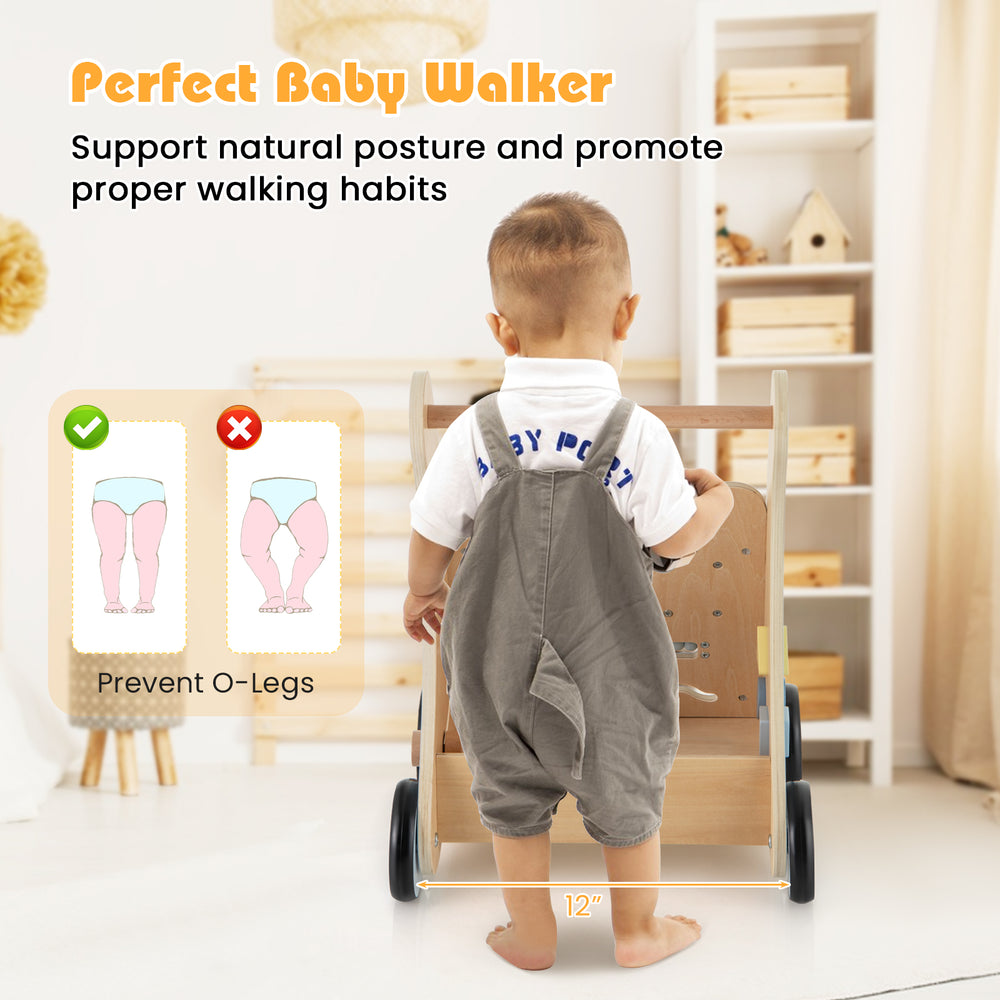 Wooden baby push and pull walker with multi-activity center, promoting proper walking posture and stability for.