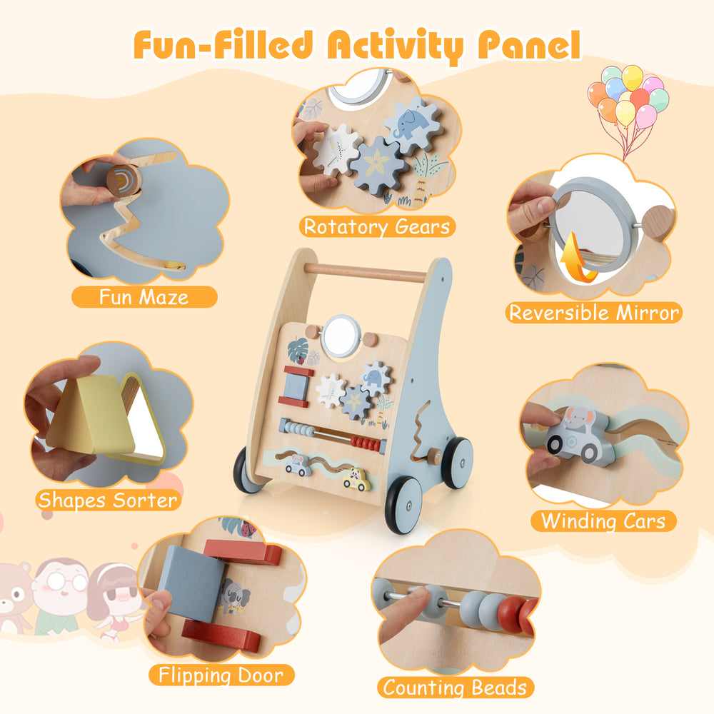 Wooden baby push and pull walker with multi-activity learning center, featuring a fun maze, shapes sorter, and rotatory.