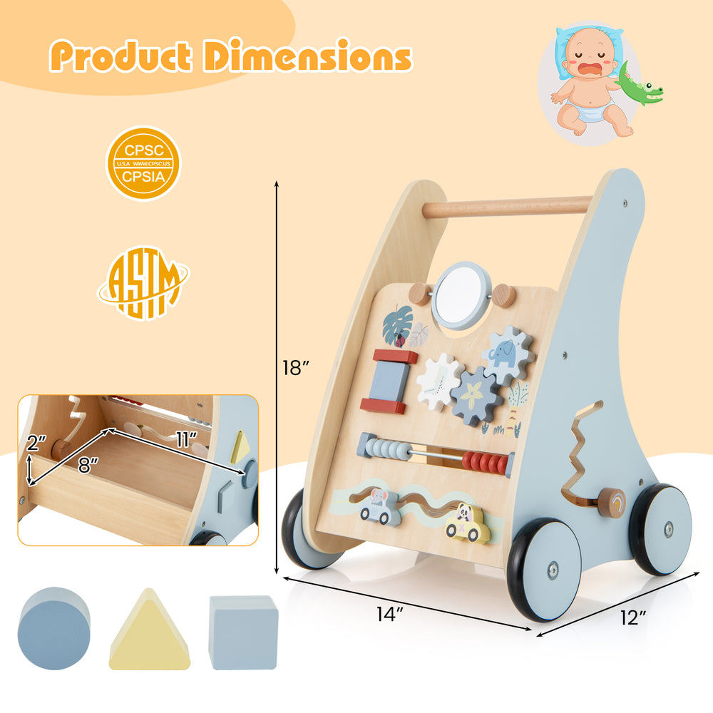 Wooden baby push and pull walker with multi-activity learning center, 18" tall, featuring rubber wheels for quiet.