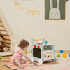 Wooden baby stroller with play kitchen, colorful accessories, and ergonomic design for toddlers over 12 months.