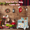 6-in-1 wooden baby stroller in blue with play kitchen, ideal gift for toddlers, promoting motor skills and creativity.