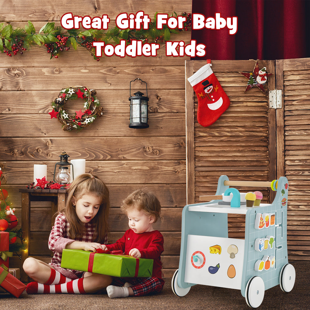 6-in-1 wooden baby stroller in blue with play kitchen, ideal gift for toddlers, promoting motor skills and creativity.