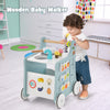 Wooden baby walker with play kitchen features, ergonomic design, and colorful accessories for toddlers over 12 months.