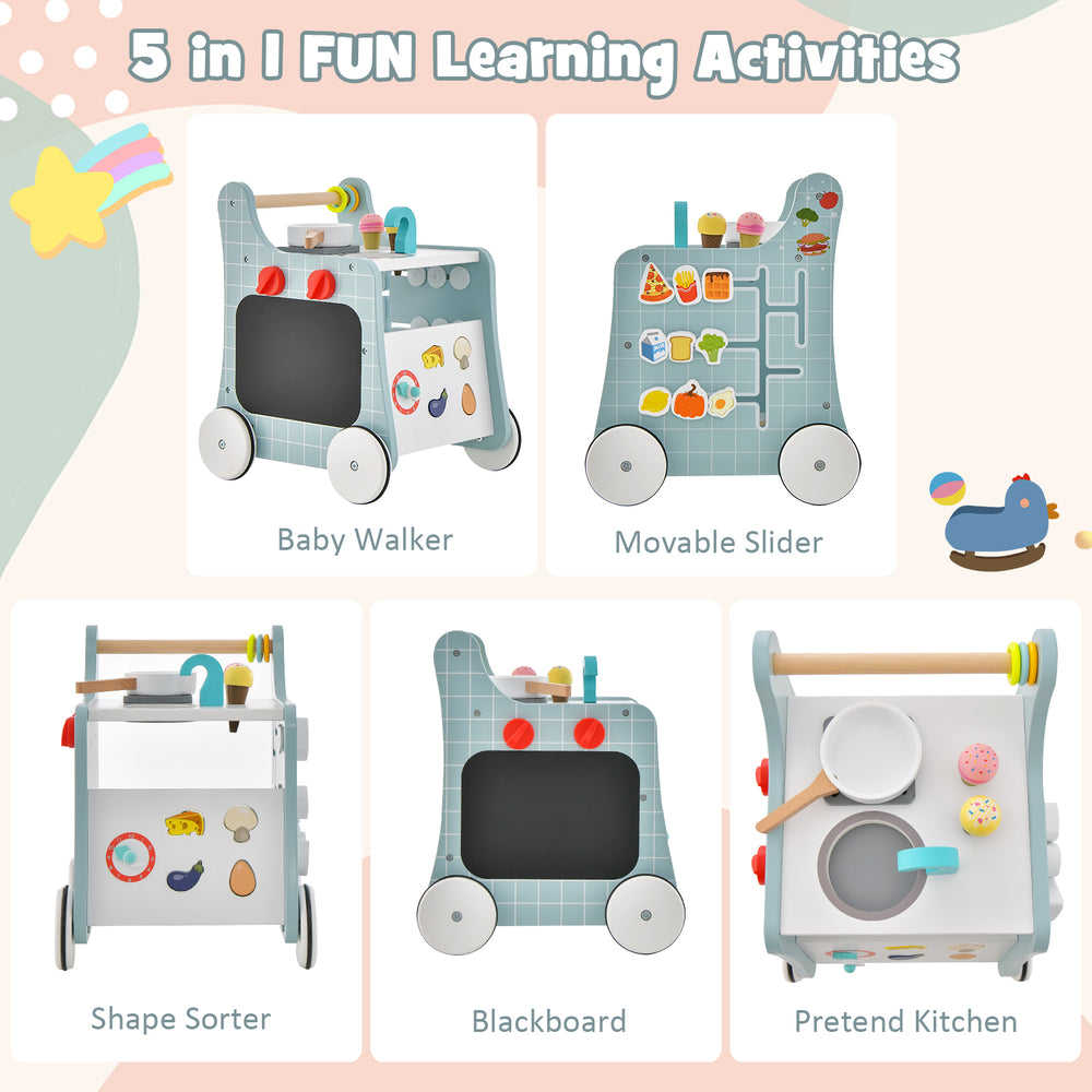 Wooden baby stroller with play kitchen, teaching clock, and shape sorter for toddlers over 12 months, in blue.