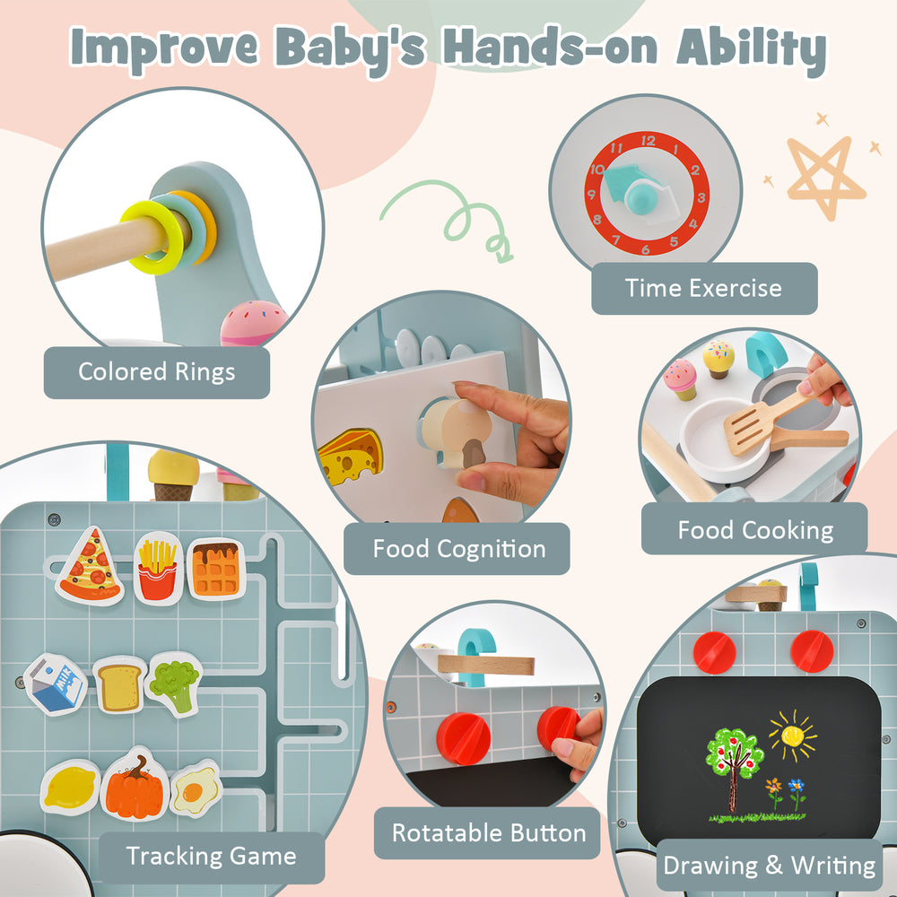 6-in-1 wooden baby stroller with play kitchen, featuring colorful rings and accessories for hands-on learning and fun.