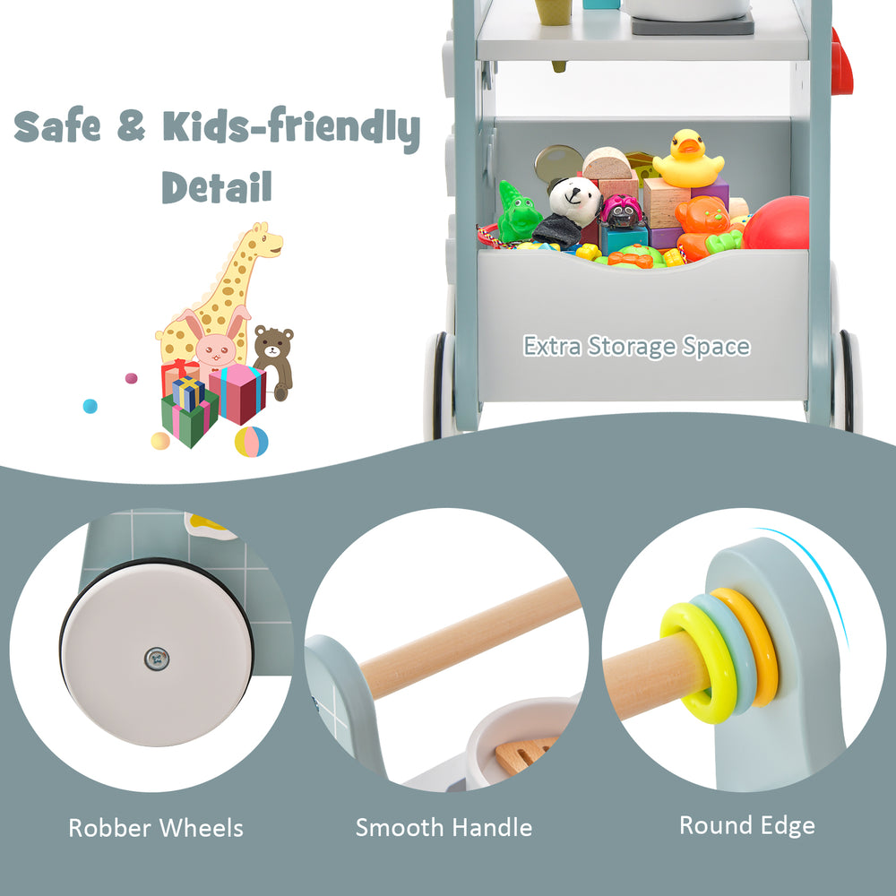 Wooden baby stroller with play kitchen features smooth handle, round edges, and extra storage for kids over 12 months.