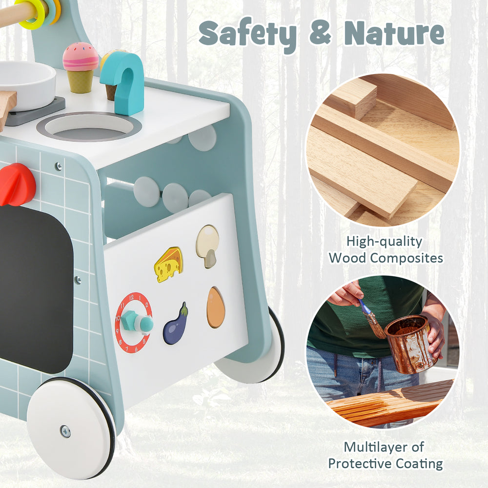 6-in-1 blue wooden baby stroller with play kitchen, featuring ergonomic design and BPA-free materials for toddlers.