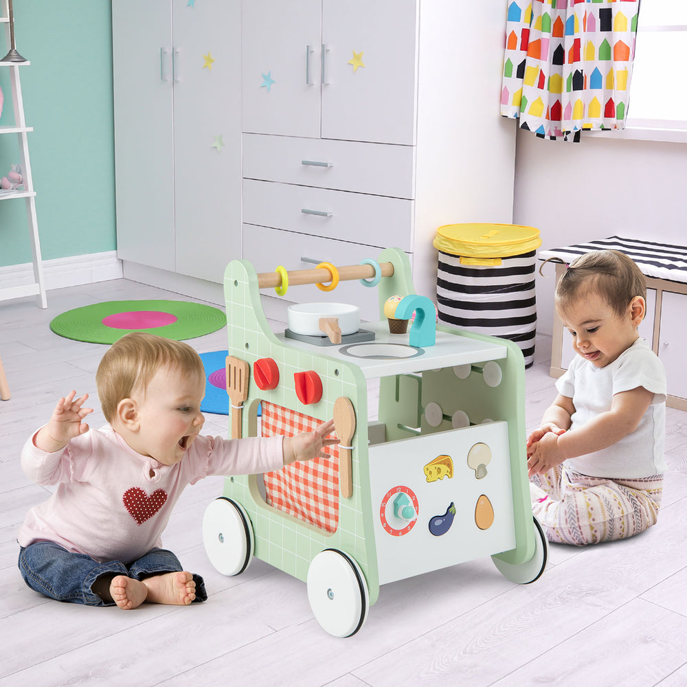 6-in-1 Wooden Baby Stroller with Play Kitchen for Kids Over 12 Months-Green - Gallery View 1 of 10