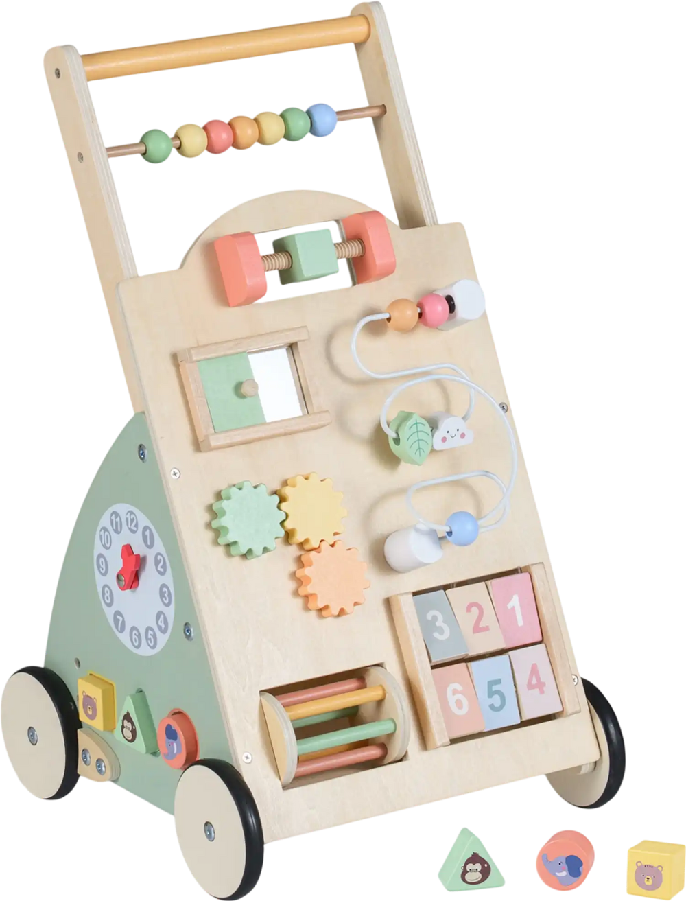 Wooden Baby Walker with Wheels and Storage Basket
