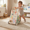 Wooden baby walker with wheels and storage basket, featuring engaging games for motor skill development and safety.