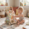 Wooden baby walker with wheels and storage basket, featuring engaging games for motor skill development and safe play.