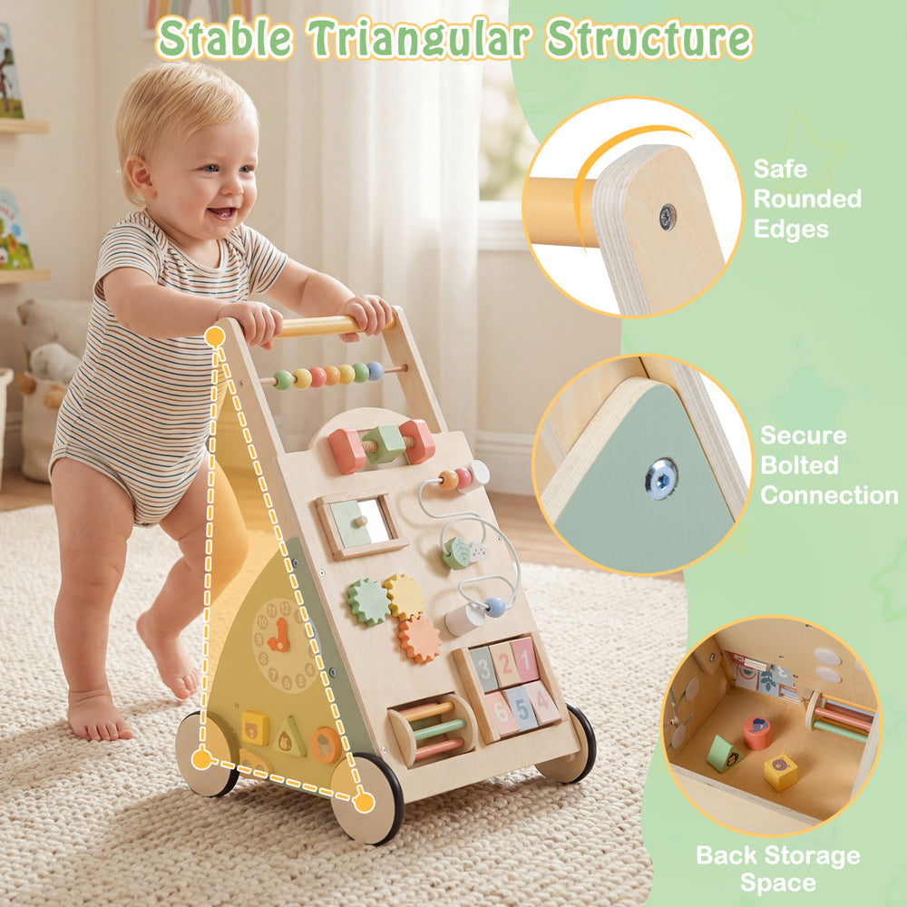 Wooden baby walker with wheels, featuring a stable triangular structure and engaging games for motor skill development.