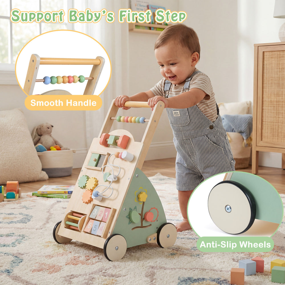 Wooden baby walker with wheels and storage basket, featuring engaging games, smooth handle, and anti-slip wheels for.