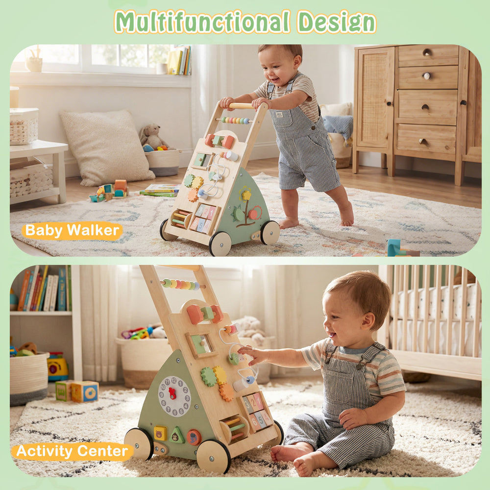 Wooden baby walker with wheels and storage basket, featuring 10 games for motor skills development and safe play.