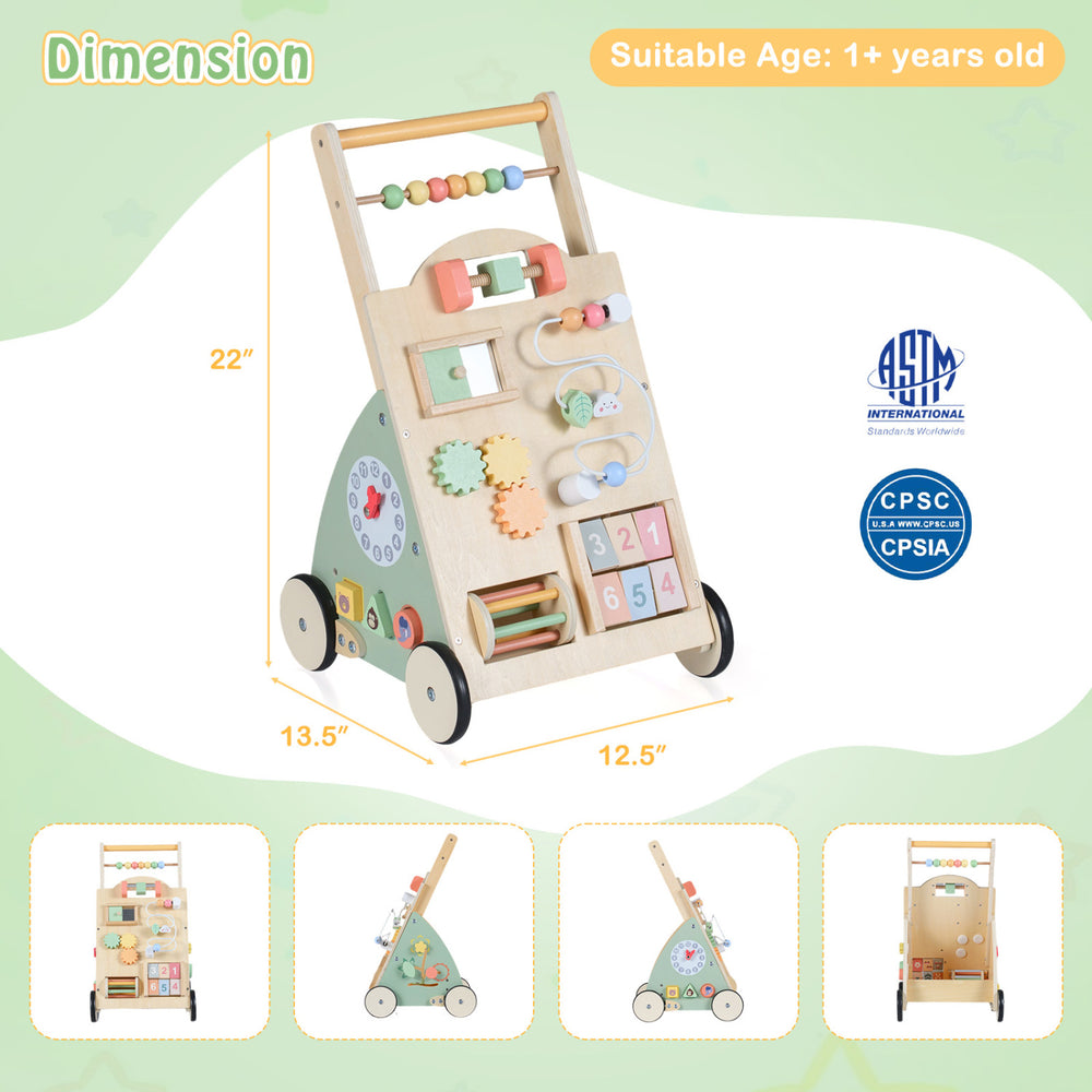 Wooden baby walker with wheels and storage basket, featuring 10 games for motor skills development, suitable for ages.