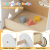 Wooden baby walker with storage basket, smooth wheels, and round edges for safe play and motor skill development.