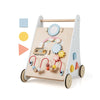 Wooden baby walker with multiple activities, smooth wheels, and storage basket, designed for children over 1 year old.