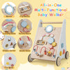 Wooden baby walker in white with multiple activities, designed for toddlers over 1 year, featuring smooth, anti-slip.