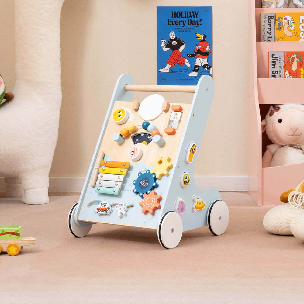 Wooden Baby Walker Push and Pull Learning Activity Center with Wheels for Toddlers 1+ Years Old-Blue - Gallery View 1 of 10