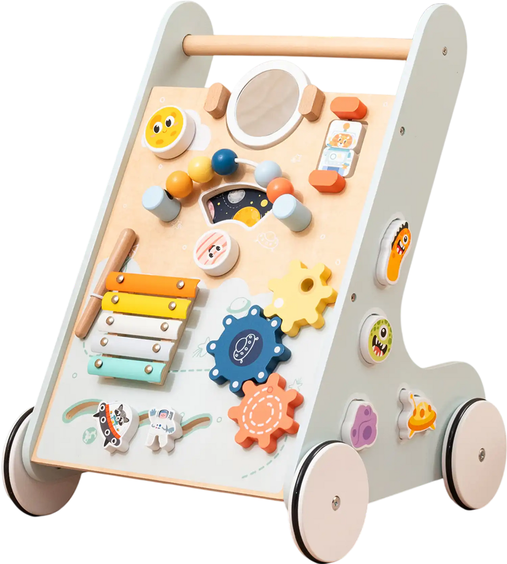 Wooden baby walker activity center in green with wheels, featuring a xylophone, mirror, and shape sorters for toddlers.