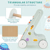 Wooden baby walker with a triangular structure, rounded edges, and wheels for toddlers, promoting safe play and balance.