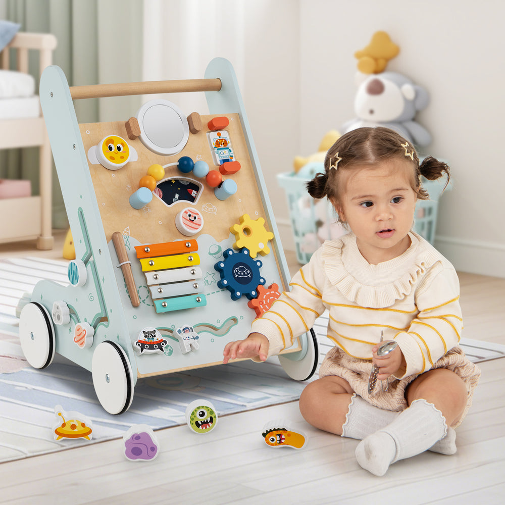 Wooden baby walker activity center in green with xylophone, mirror, and shape sorters for toddlers 1+ years old.