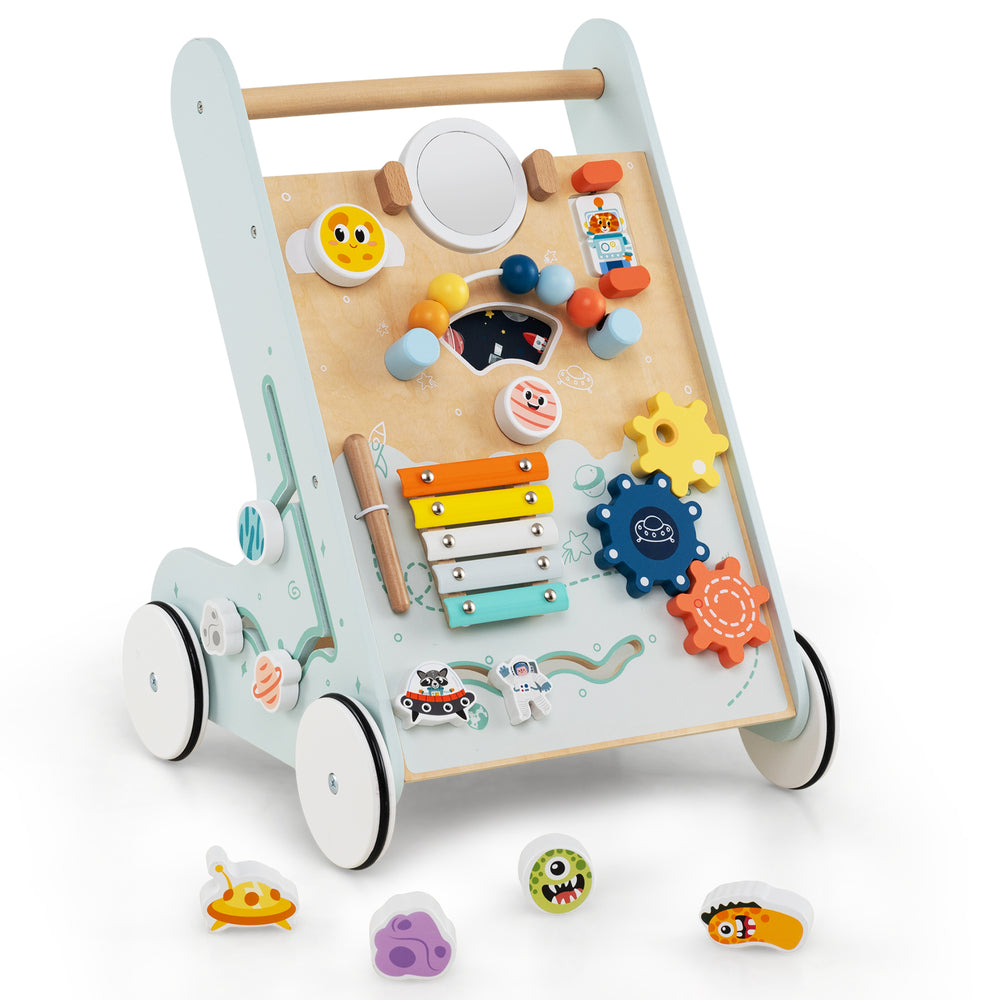 Wooden baby walker activity center in green with xylophone, gears, and mirror, designed for toddlers 1+ years old.