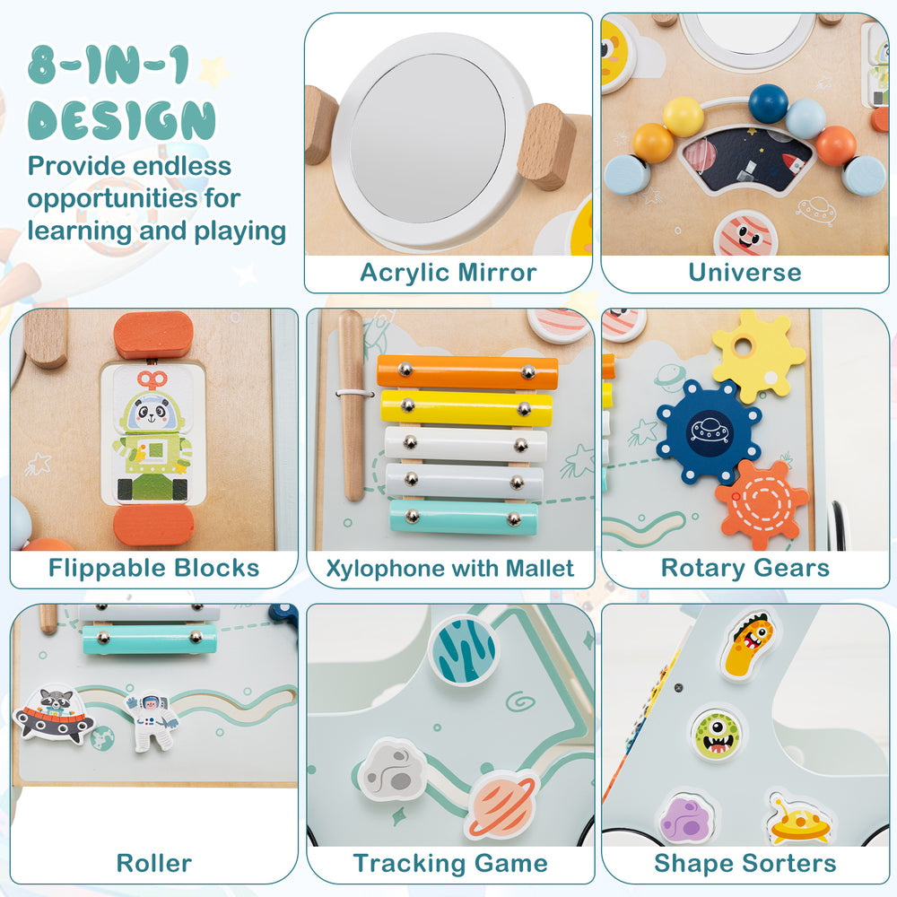 Wooden baby walker activity center in green featuring a xylophone, flippable blocks, and a rotatable mirror for.