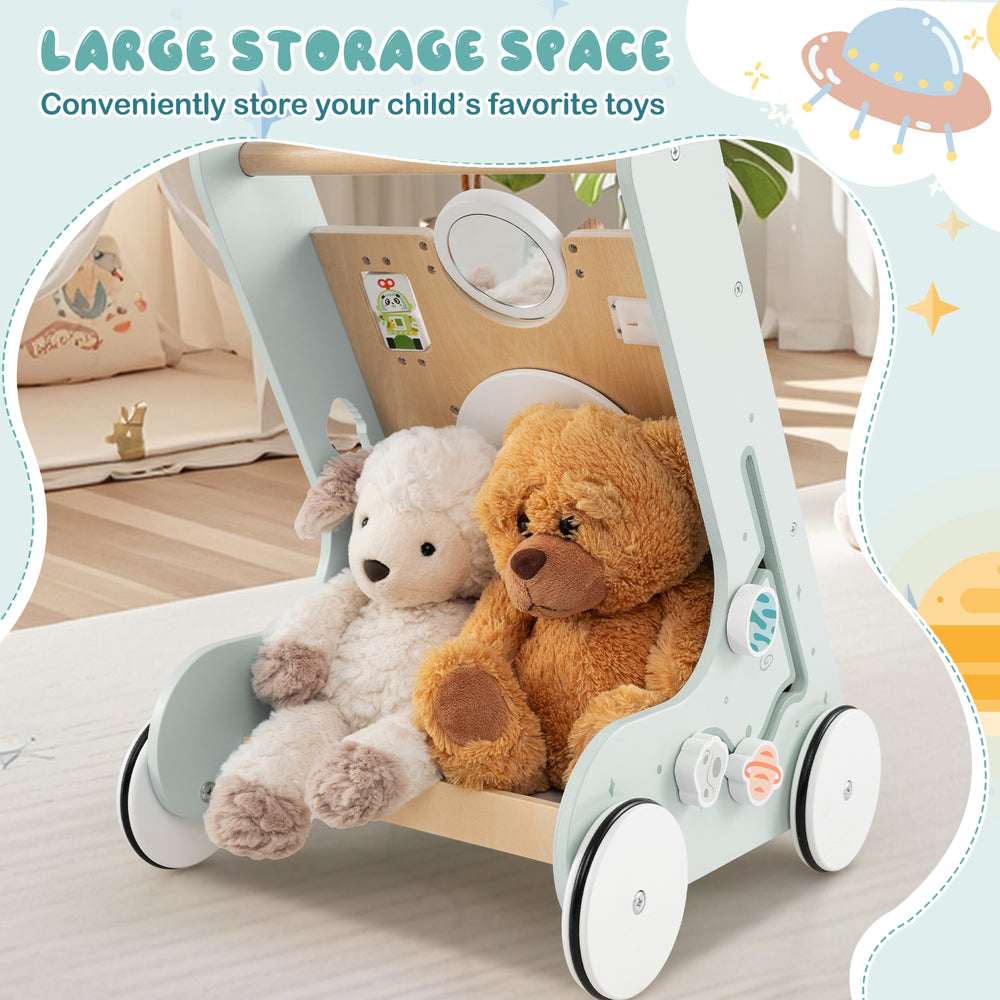 Wooden baby walker in green with large storage space, featuring plush toys, ideal for toddlers 1+ years old.