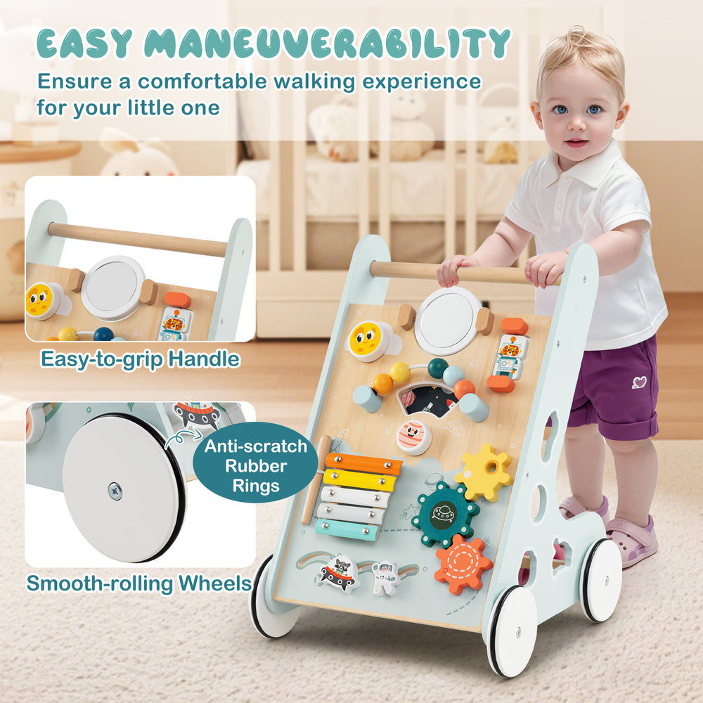 Wooden baby walker in green with easy-to-grip handle, smooth-rolling wheels, and 8-in-1 learning activities for.