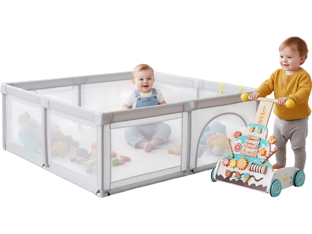 Wooden Baby Walker and Large Infant Playpen Bundle