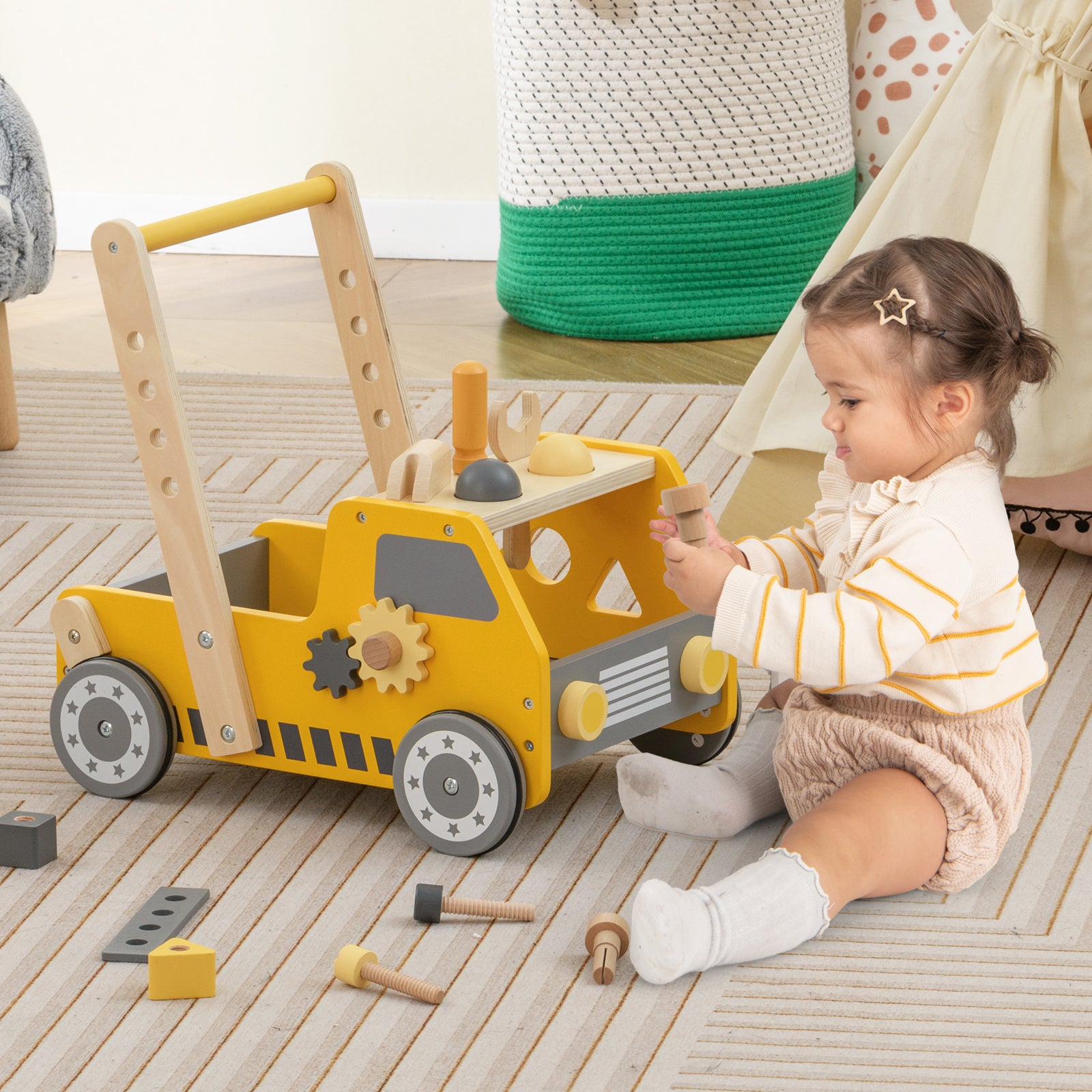 Costway 2-in-1 Wooden Baby Walker Adjustable Speed Bottom Storage 23958761 New