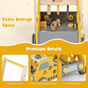 Truck-shaped yellow wooden baby walker with adjustable speed, bottom storage, and smooth, rounded edges for safety.