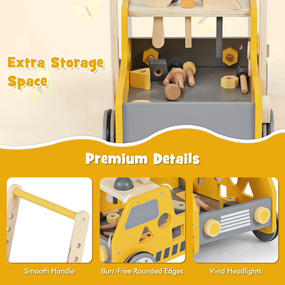 Truck-shaped yellow wooden baby walker with adjustable speed, bottom storage, and smooth, rounded edges for safety.