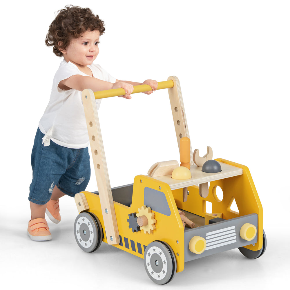 Yellow 2-in-1 wooden baby walker with adjustable speed and bottom storage, designed for kids over 3 years old.