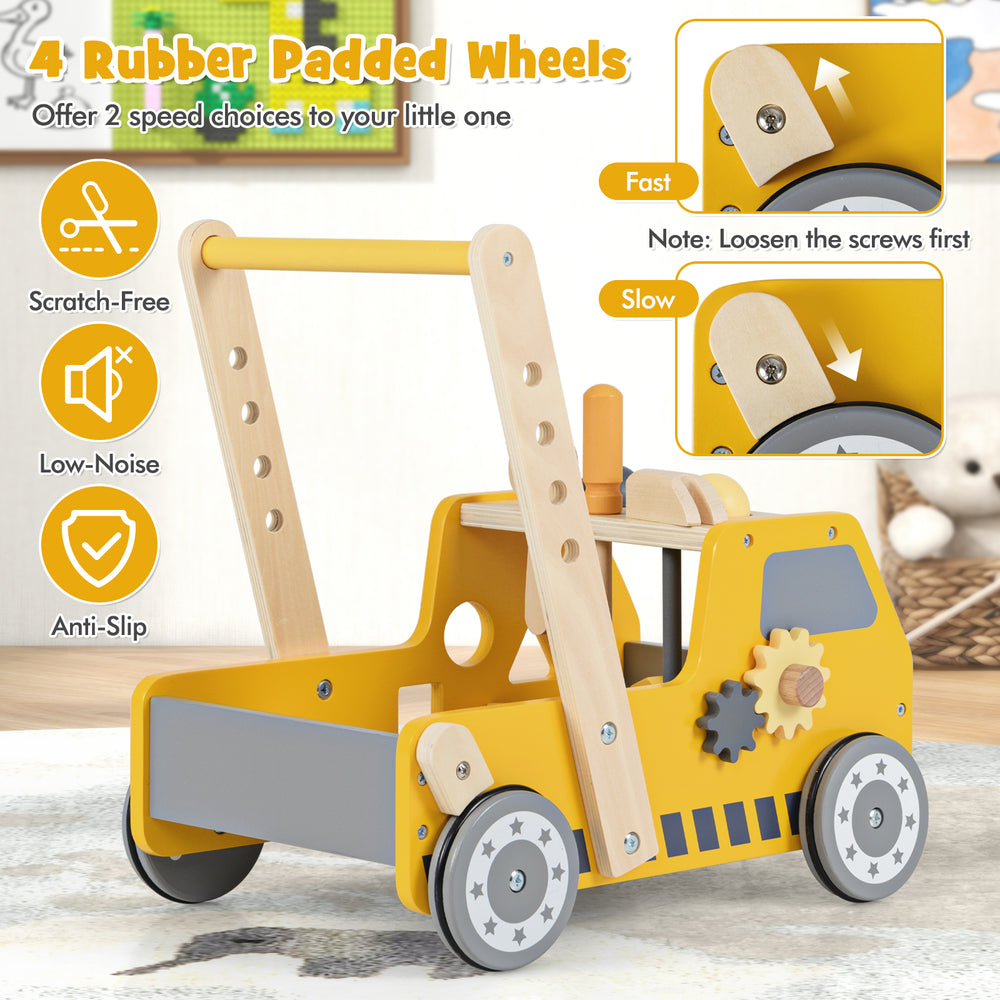 Yellow 2-in-1 wooden baby walker with adjustable speed, rubber padded wheels, and bottom storage for kids over 3 years.