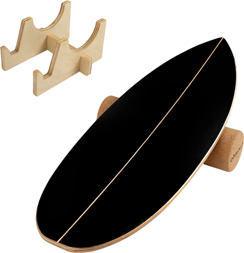 Wooden balancing board in black with cork roller and storage rack, designed for enhancing balance and core strength.
