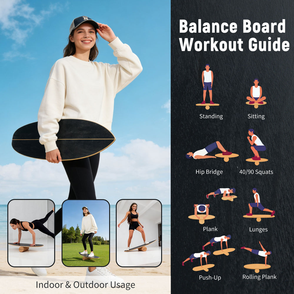 Wooden balancing board with cork roller for exercise, enhancing balance and core strength, suitable for indoor and.