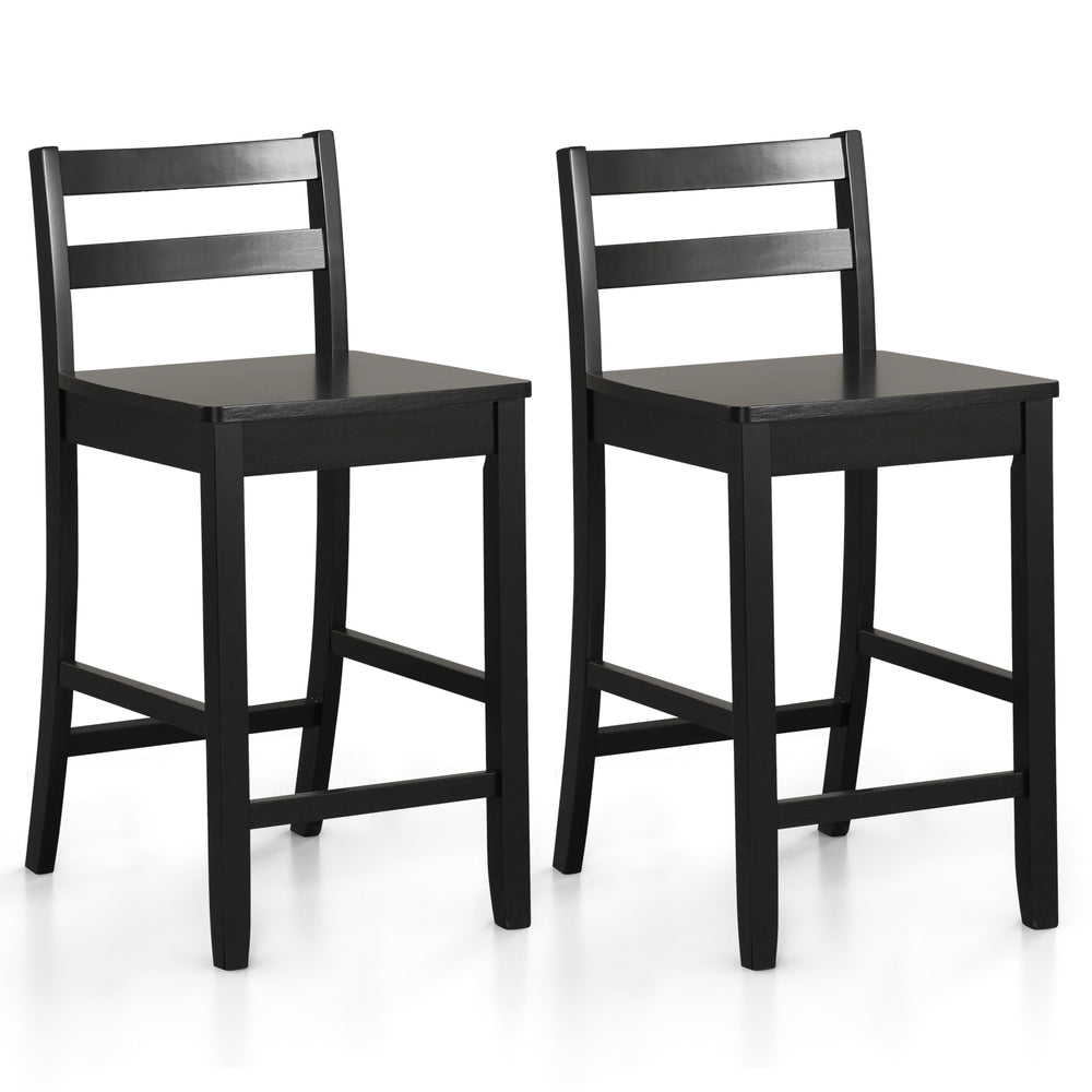 Set of 2 black wooden bar stools with ergonomic backrest and footrest, designed for comfort and stability.
