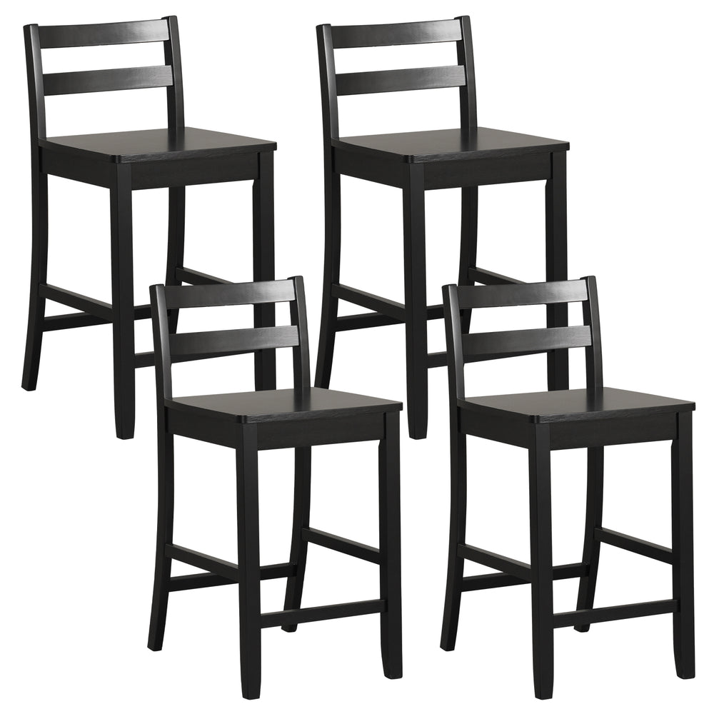 Set of four black wooden bar stools with ergonomic backrests and footrests, ideal for 35"-39" counters.