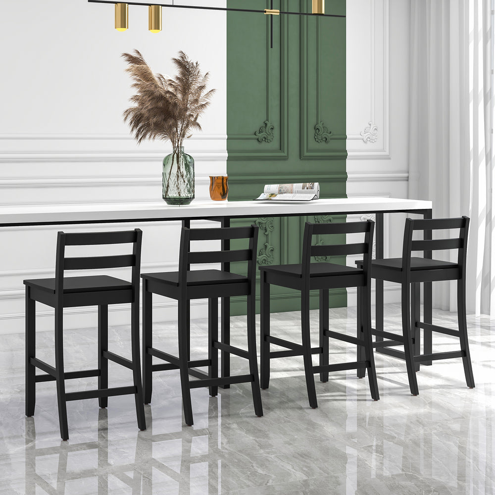 Side view of black wooden bar stools showcasing ergonomic backrest and footrest, perfect for stylish kitchen seating.