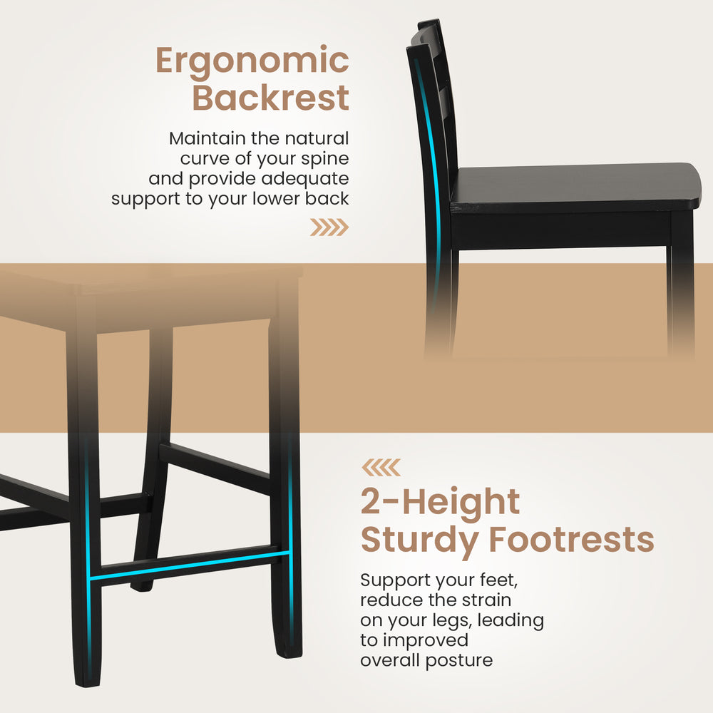 Wooden bar stool with ergonomic backrest and sturdy footrest, designed for comfort and support at 24-inch height.